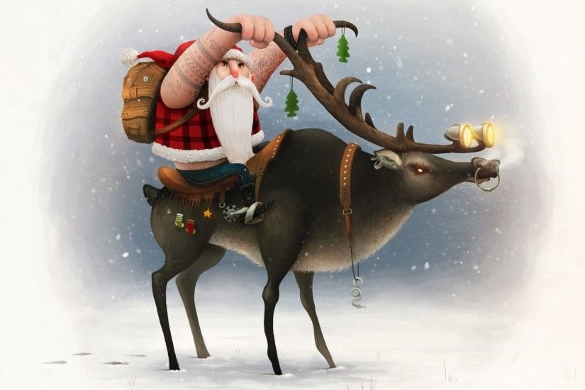 Santa on is reindeer bike wallpaper