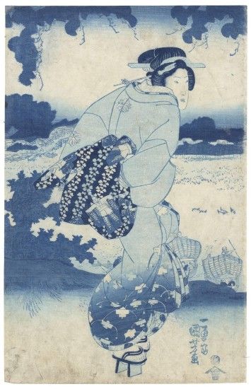 Utagawa Kuniyoshi Ukiyo-e Beauty Japanese Woodblock Print-Prussian Blue  Aizuri-e