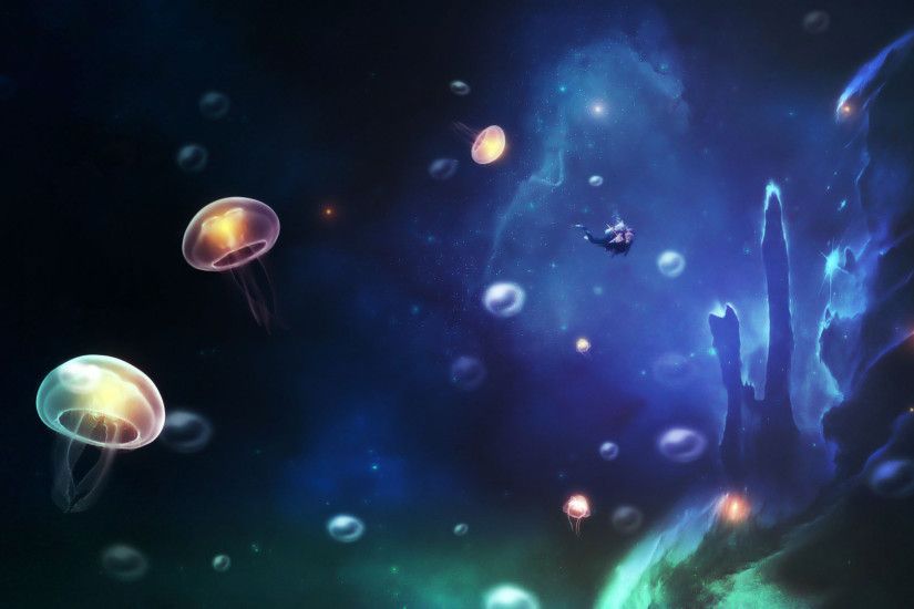 Scuba diver and glowing jellyfish wallpaper 1920x1080 jpg