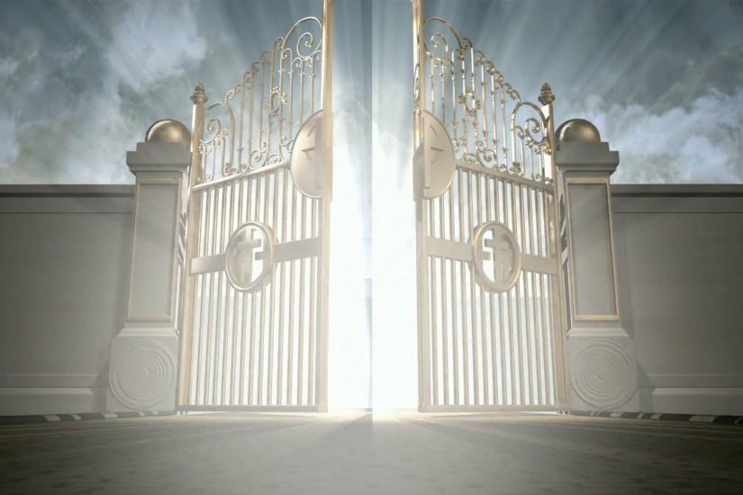 Heavens golden gates opening to an ethereal light on a cloudy background