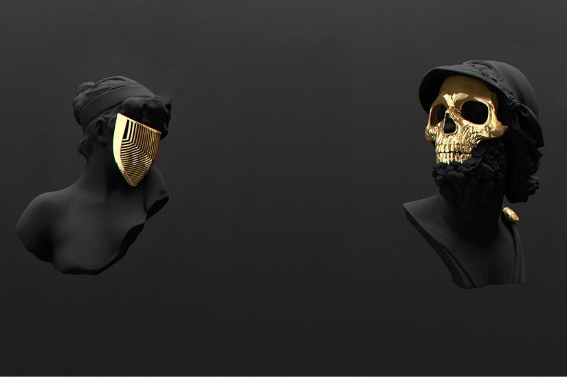 Black statues wearing golden masks