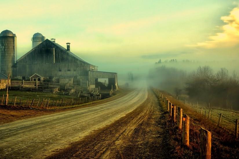nature landscapes farm rustic roads fence sky clouds houses barn farm  wallpaper