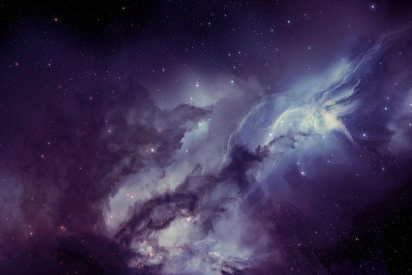 wallpaper violet amorphous clouds in the dark space.