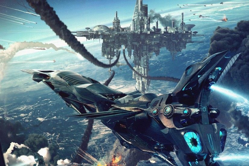 art sci-fi ship spaceship space city war land battle