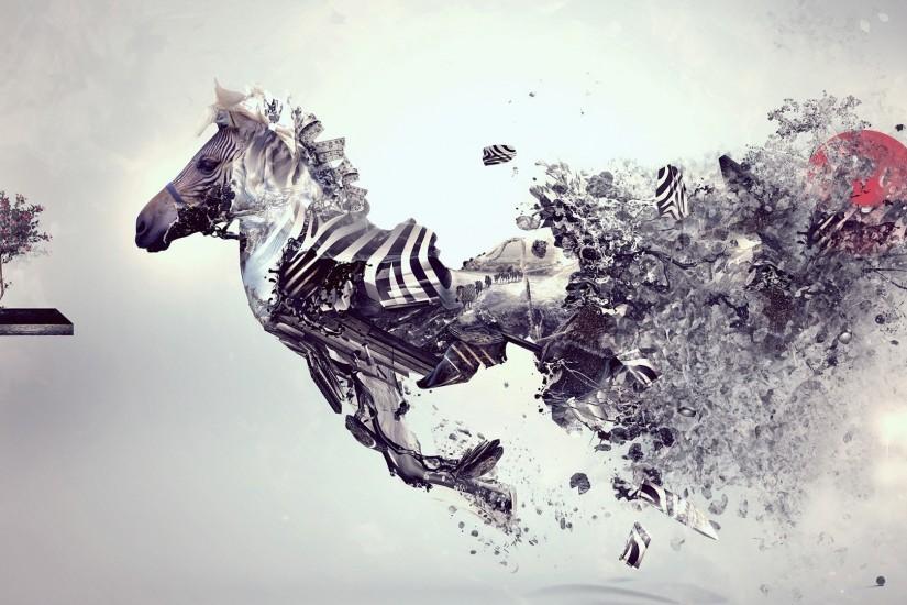 digital Art, Artwork, Animals, Zebras, Sun, Trees, Simple Background, Surreal  Wallpaper HD