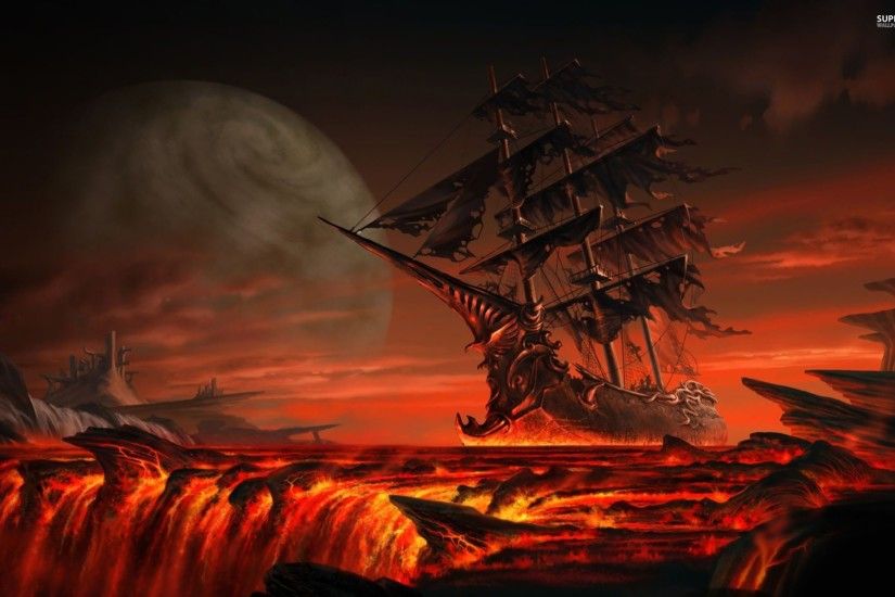 Ghost ship floating on lava wallpaper - Fantasy wallpapers - #22554