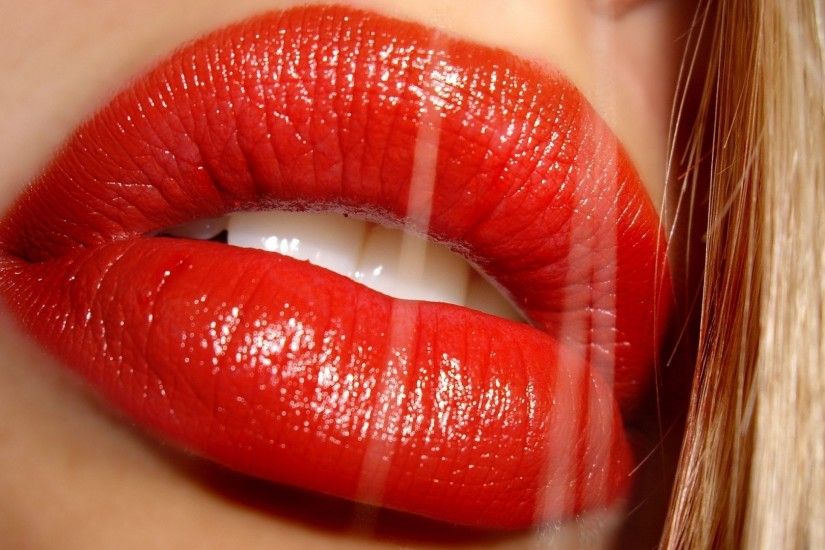 Preview wallpaper lips, teeth, red, lipstick, girl, hair 1920x1080