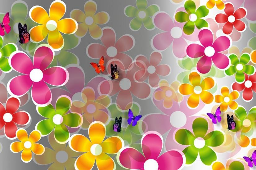 Multicolored daisies and butterflies wallpaper