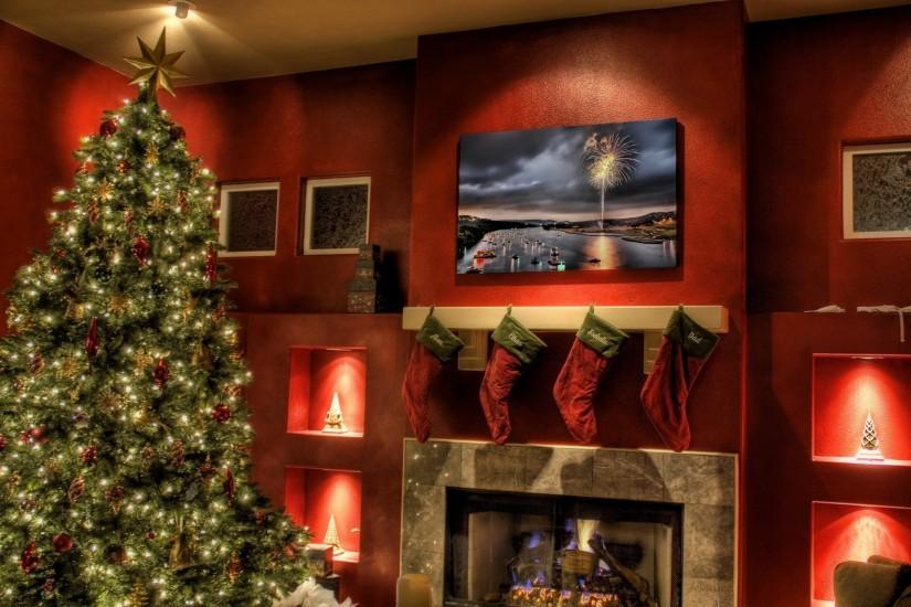 Christmas Tree Next To Fireplace Wallpaper ...