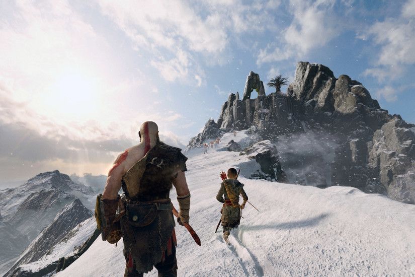 God of War - Kratos and Atreus climbing a snowy mountain
