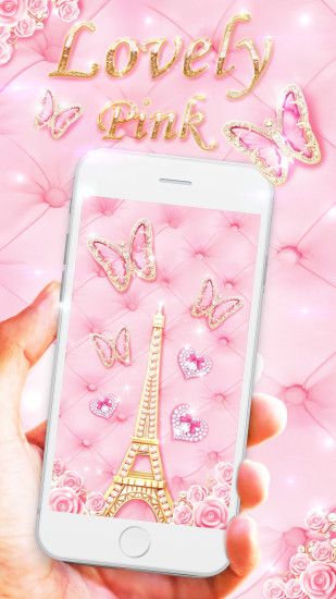 Android live wallpaper, pink butterfly, gold eiffel toer, pink roses, bling-