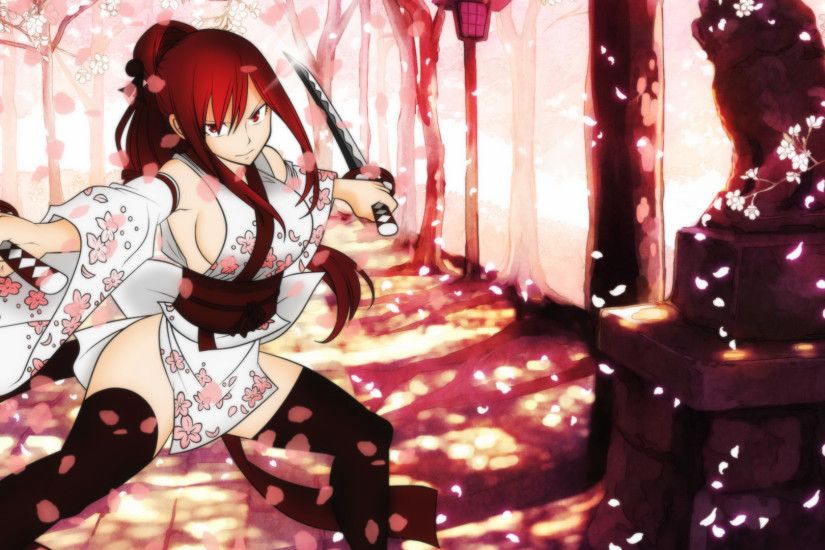 Anime - Fairy Tail Erza Scarlet Sakura Blossom Katana Yukata Red Hair Long  Hair Girl Wallpaper