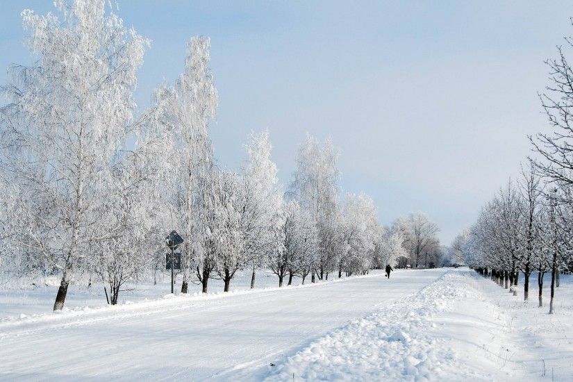 3840x2160 Wallpaper winter, snow, road, avenue, trees, person