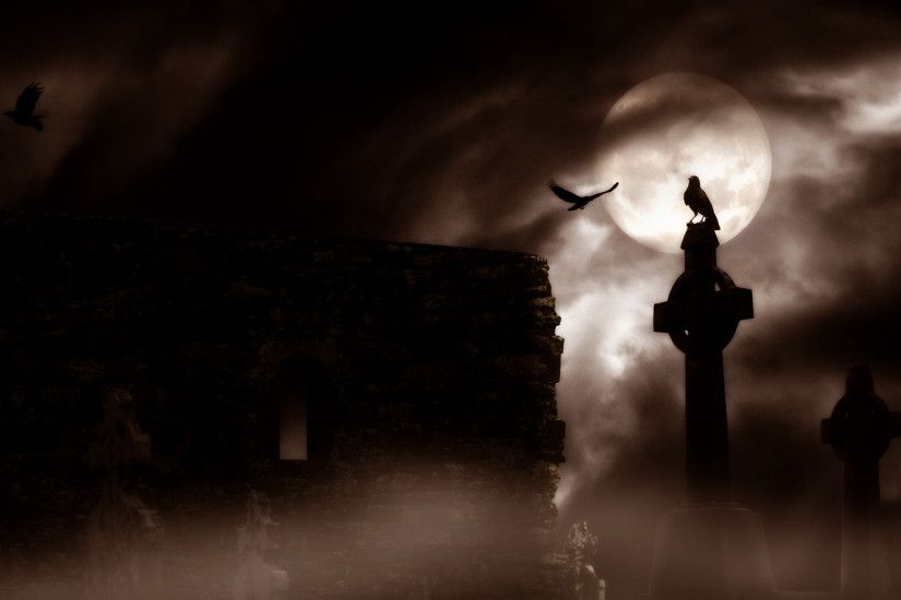 Dark horror gothic raven cemetery graveyard halloween wallpaper .