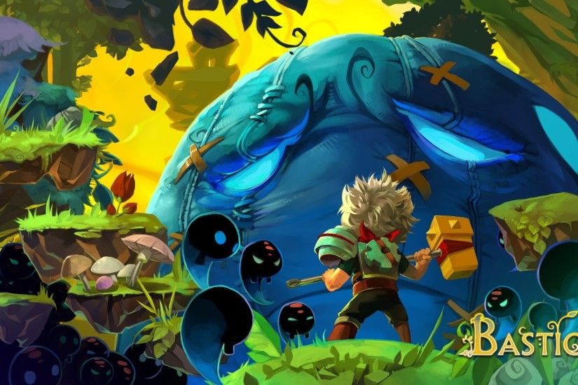 Preview wallpaper bastion, kid, hammer, mushrooms, forest 1920x1080