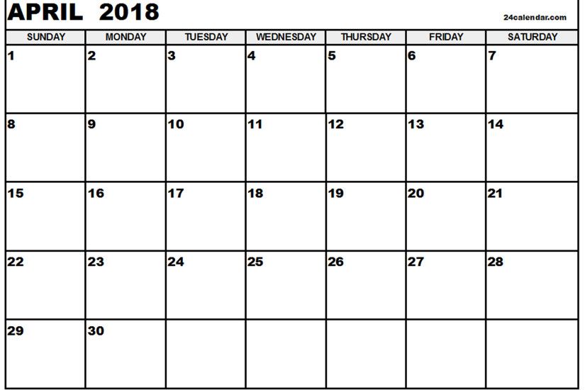 Blank April 2018 Calendar in Printable format.