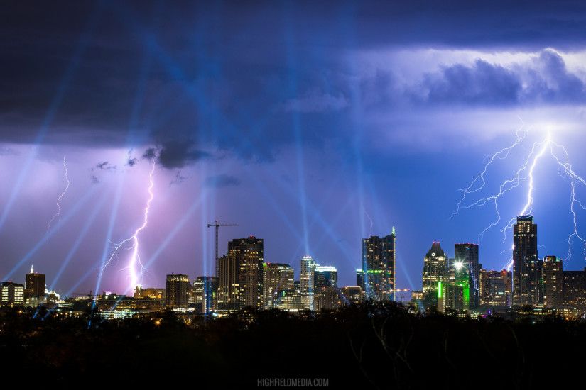 Spotlights of Austin City Limits during a severe thunderstorm