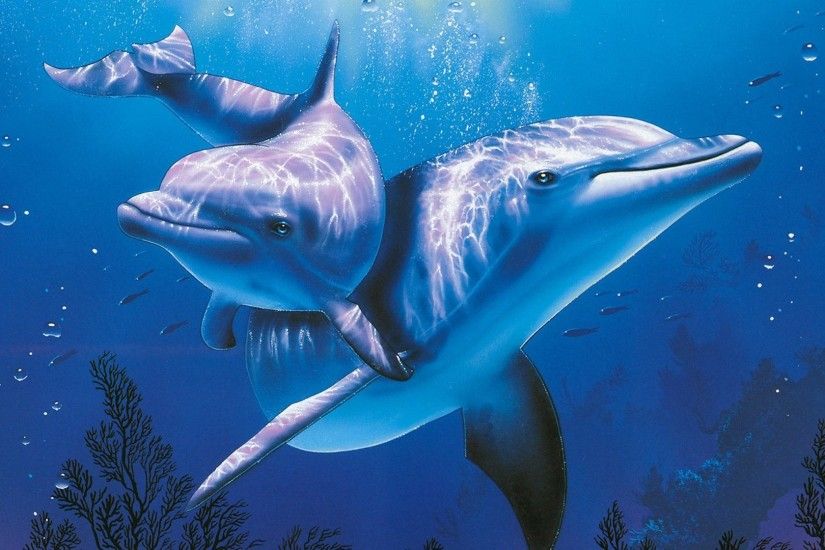 Dolphins Underwater Sea Ocean Animals Background Vector - 1920x1200