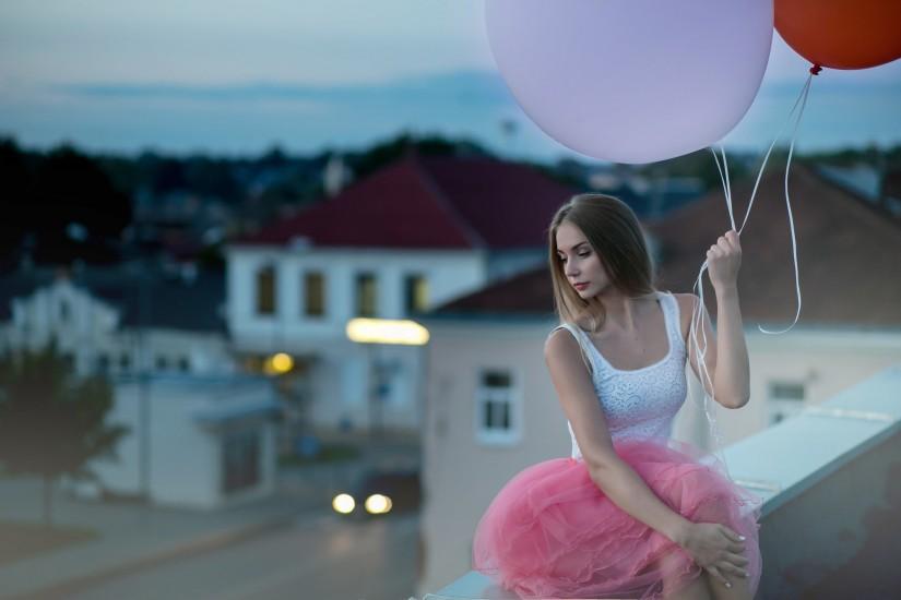 girl, balloons, air balloons, dress, ballerina
