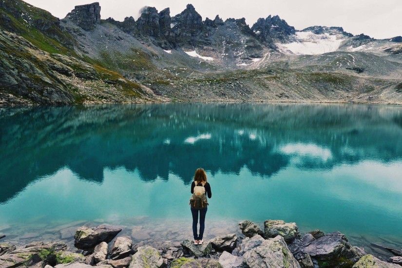 women, Photography, Nature, Landscape, Lake, Hiking, Turquoise, Water,  Mountains, Overcast, Daylight Wallpapers HD / Desktop and Mobile Backgrounds