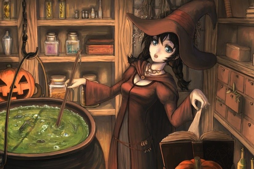 Halloween books hats anime girls pumpkins potion witches tiaras / 1920x1200  Wallpaper