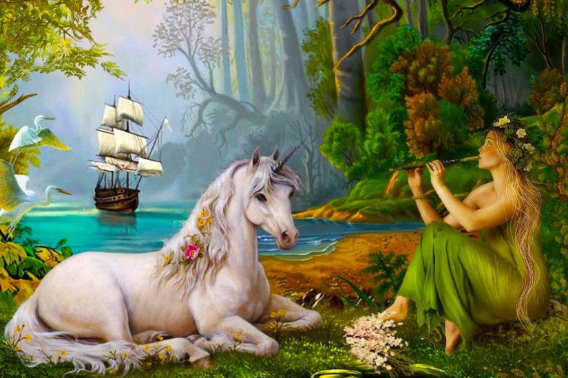 Fantasy - Unicorn Fantasy Woman Flute Forest Bird Ship Boat Sailboat  Wallpaper