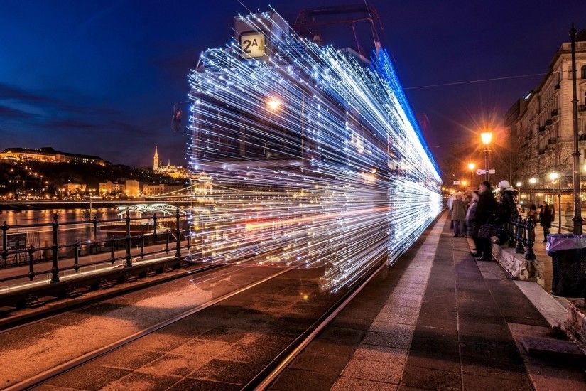 cityscape, Long exposure, Train, Lights, Artwork, Light trails, Budapest  Wallpapers HD / Desktop and Mobile Backgrounds