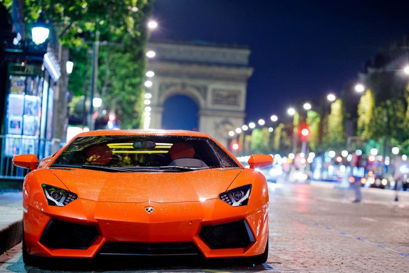 Classic Orange Lamborghini Aventador near the Arc de Triomphe, Paris 1920x1080  wallpaper