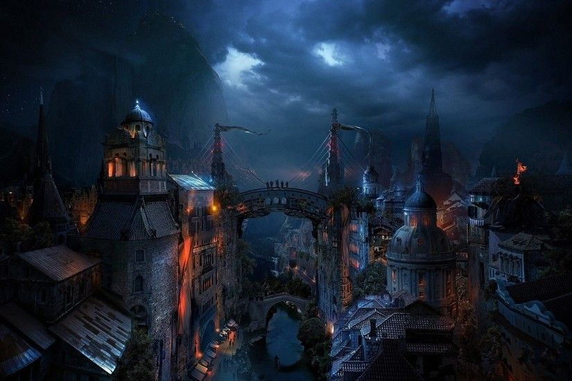 Fantasy City Alexey Kondakov Matte Painting Russia Dark Night Light  Wallpaper