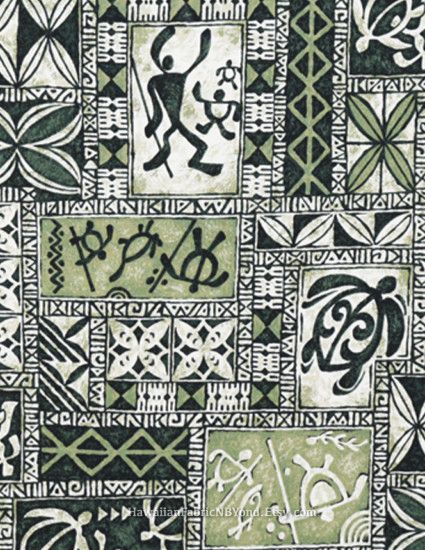 Hawaiian petroglyph fabric: Tribal tapa turtle and warriors. Check it out  at HawaiianFabricNBYond.