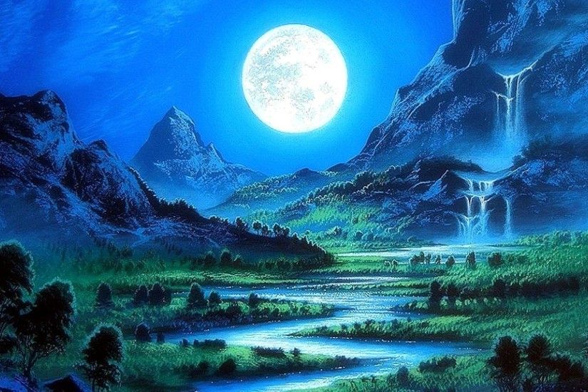 Scenery Moon Beautiful Stunning Cool Moonlight Pre Four Bright Paintings  Nature Downloaded Seasons Rivers Art Mountains Trees Full Blue Paradise  Creative ...