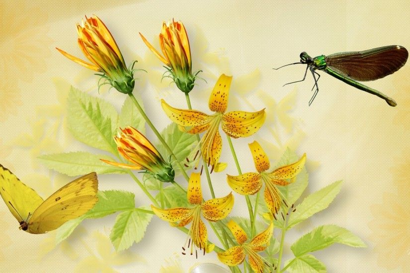 Dragonfly Tag - Butterfly Yellow Dragonfly Flowers Tiger Summer Persona  Lilies Firefox Flower Hd Blossom Theme