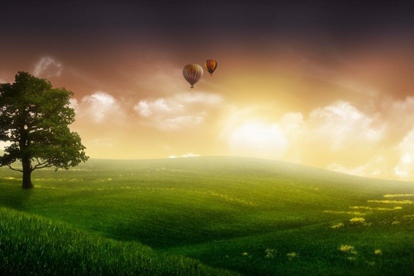 1920x1080 Green dream grassland and balloon in sky backgrounds wide  wallpapers:1280x800,1440x900,