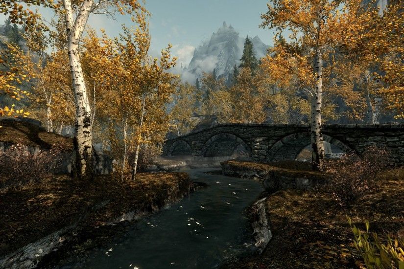 Autumn forest and bridge over stream.