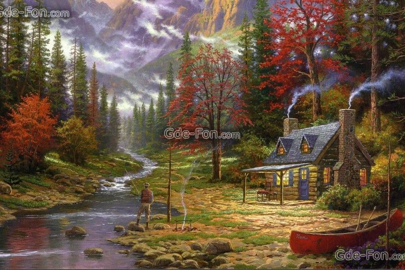 Download wallpaper painting, Thomas Kinkade, Mountains, river free .