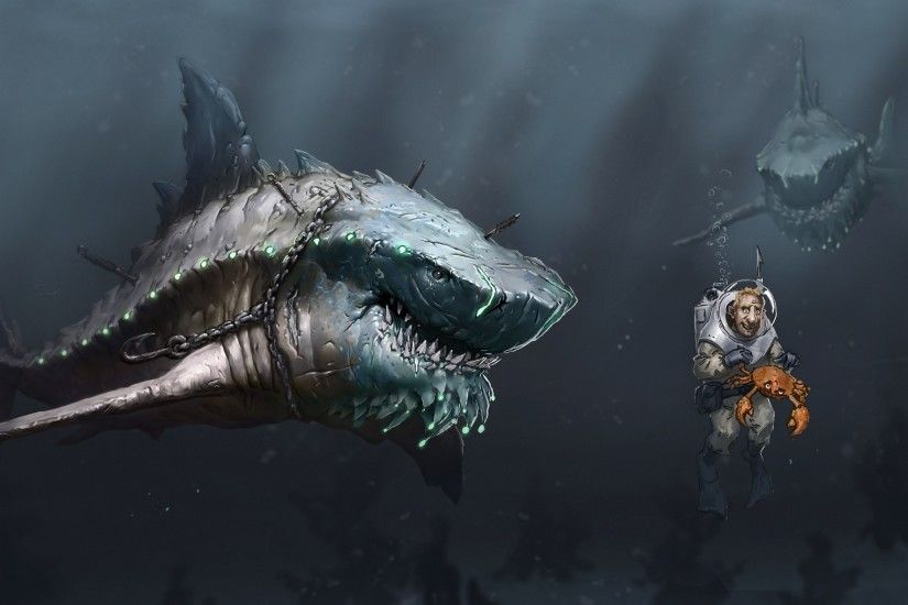 Art Sea Underwater Sharks Megalodon Predators Starvation People Scuba Crab  Chain Hook Sci-fi Dark Ocean Sea Wallpaper At Dark Wallpapers