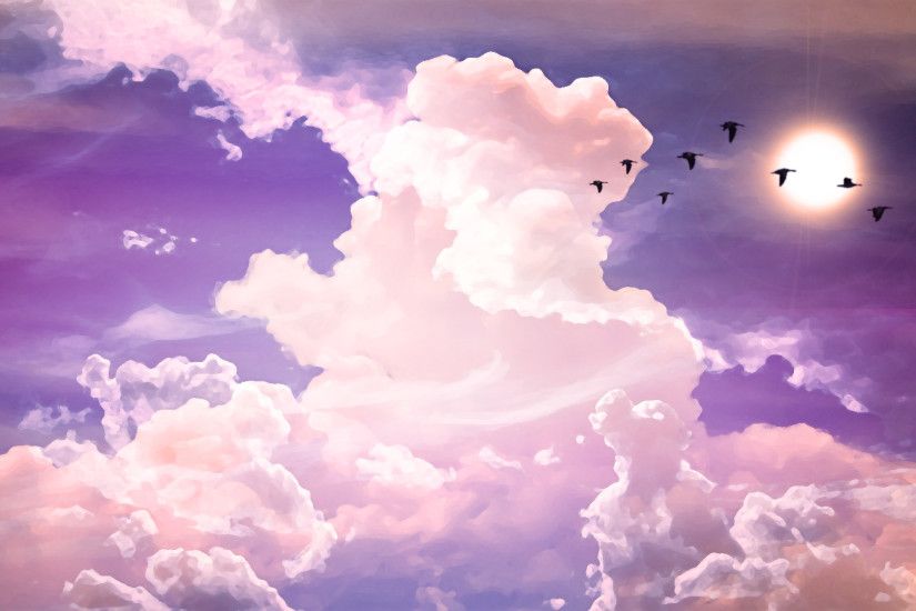 Flying Birds Sun Clouds Sky Blue Wallpaper HD
