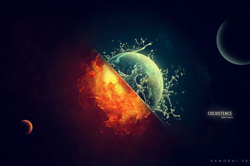digital Art, Space, Universe, Planet, Sun, Moon, Earth, Fire, Burning,  Water, Splashes, Coexist Wallpapers HD / Desktop and Mobile Backgrounds