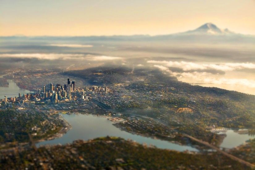 landscape, Nature, Tilt Shift, City, Seattle, Mount Rainier, Clouds  Wallpapers HD / Desktop and Mobile Backgrounds