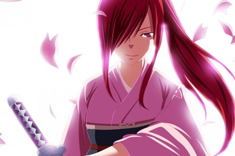 Preview wallpaper erza scarlet, fairy tail, smile, arms, petals 3840x2160