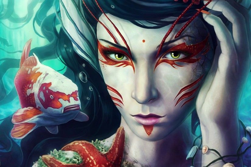 oriental, backgrounds, females, fishes, underwater,high resolution, eyes,  koi
