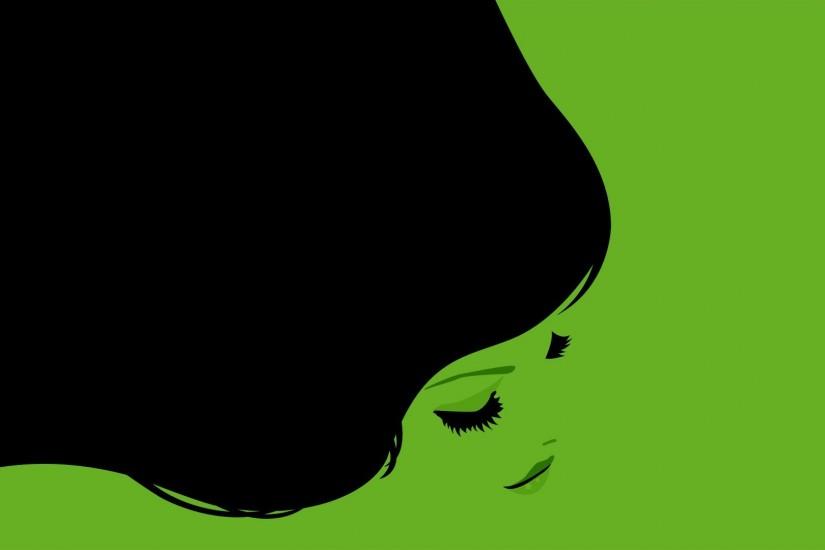 Black hair girl, green background
