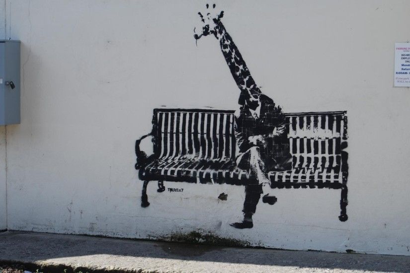 artwork, Animals, Graffiti, Walls, Banksy, Bench, Sitting, Legs,