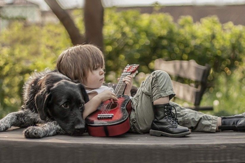 Guitar Boy and Dog Cute Wallpaper HD [1920 1080]