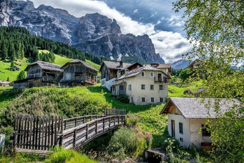 San Cassiano, Alta Badia, Italy, Dolomites, village, house, bridge,