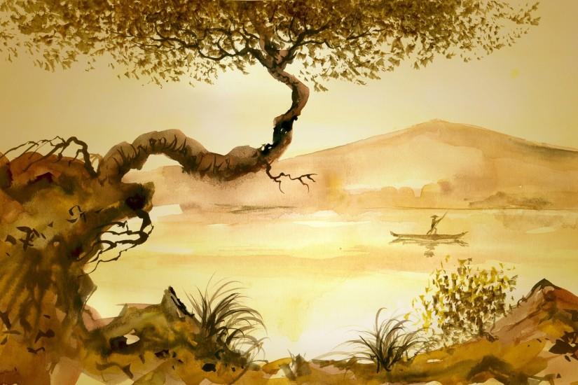 Junk man tree grass asian lake painting mood wallpaper | 2560x1600 | 176941  | WallpaperUP