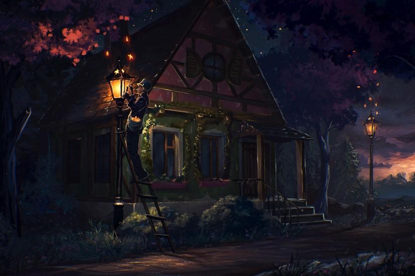 Preview wallpaper house, fairy tale, art, light, night 2560x1440