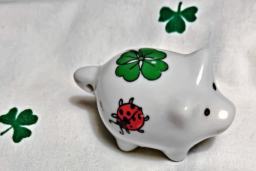 white green and red lady bug and 4 leaf clover pig ceramic figurine preview
