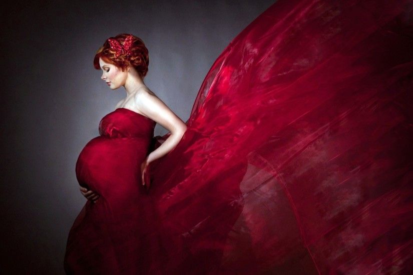 Women - Model Red Dress Woman Girl Redhead Red Butterfly Wallpaper