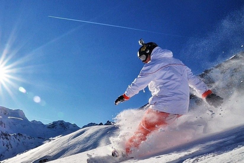Preview wallpaper snowboard, snow, mountains, sun, adrenaline 2048x2048